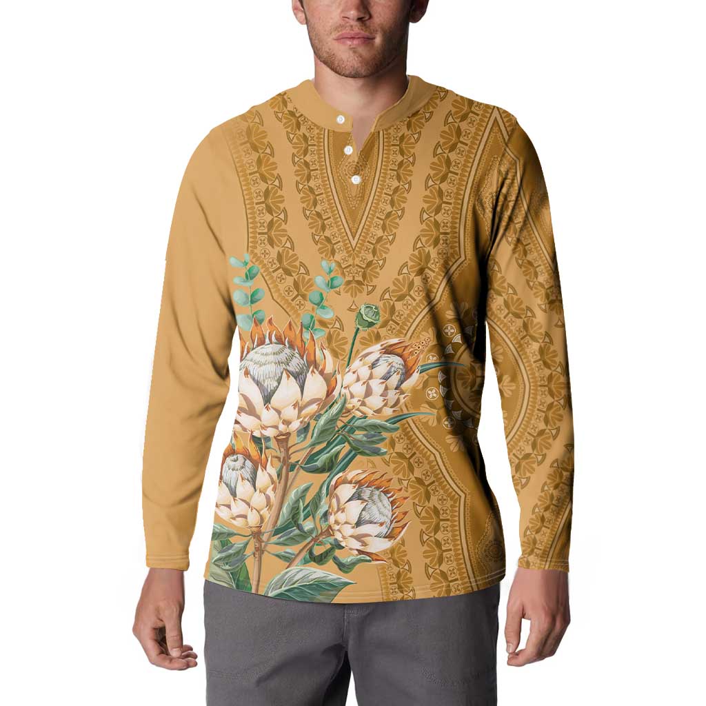 Gold dashiki motif button henley sweatshirt with front floral design and patterned trim