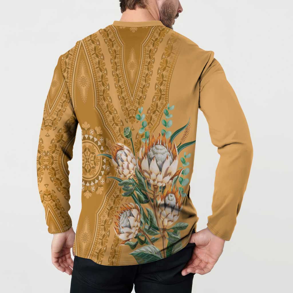 Gold dashiki motif button henley sweatshirt with back floral print and decorative bands