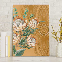 Gold canvas wall art with protea flowers, green leaves, and ornate medallion motif