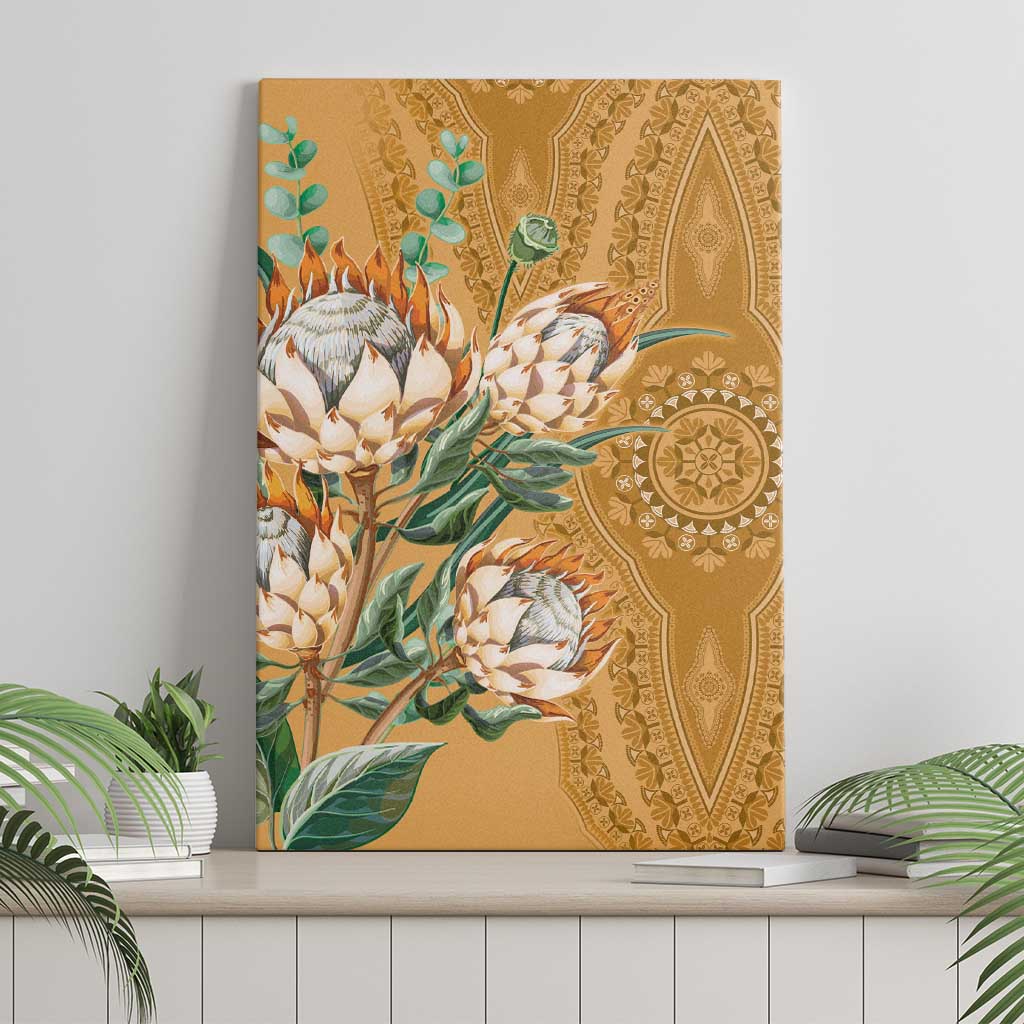 Gold canvas wall art featuring protea flowers, green leaves, and intricate medallion design