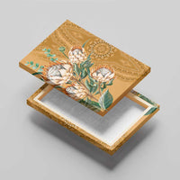 Stacked view of gold protea canvas wall art with green leaves and detailed medallions