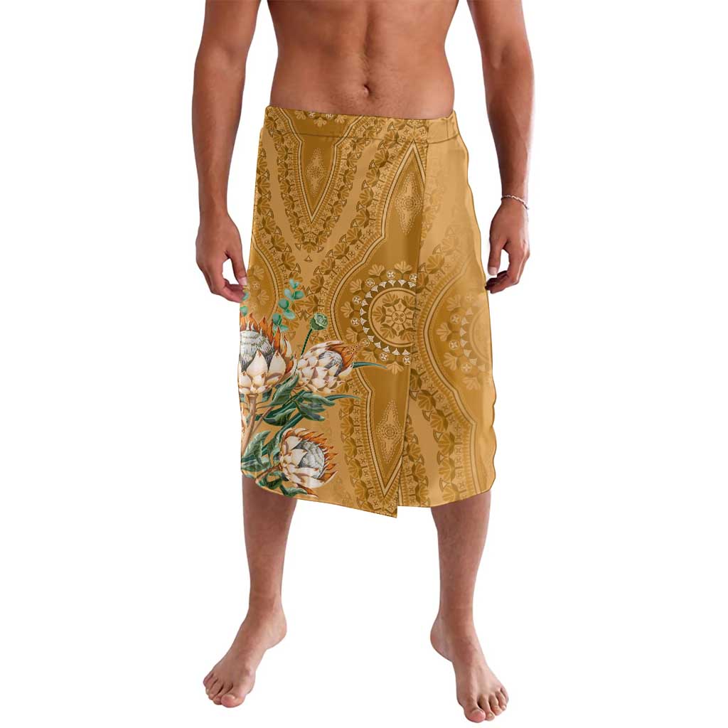 Gold dashiki-motif lavalava sarong with paisley medallion and floral panel
