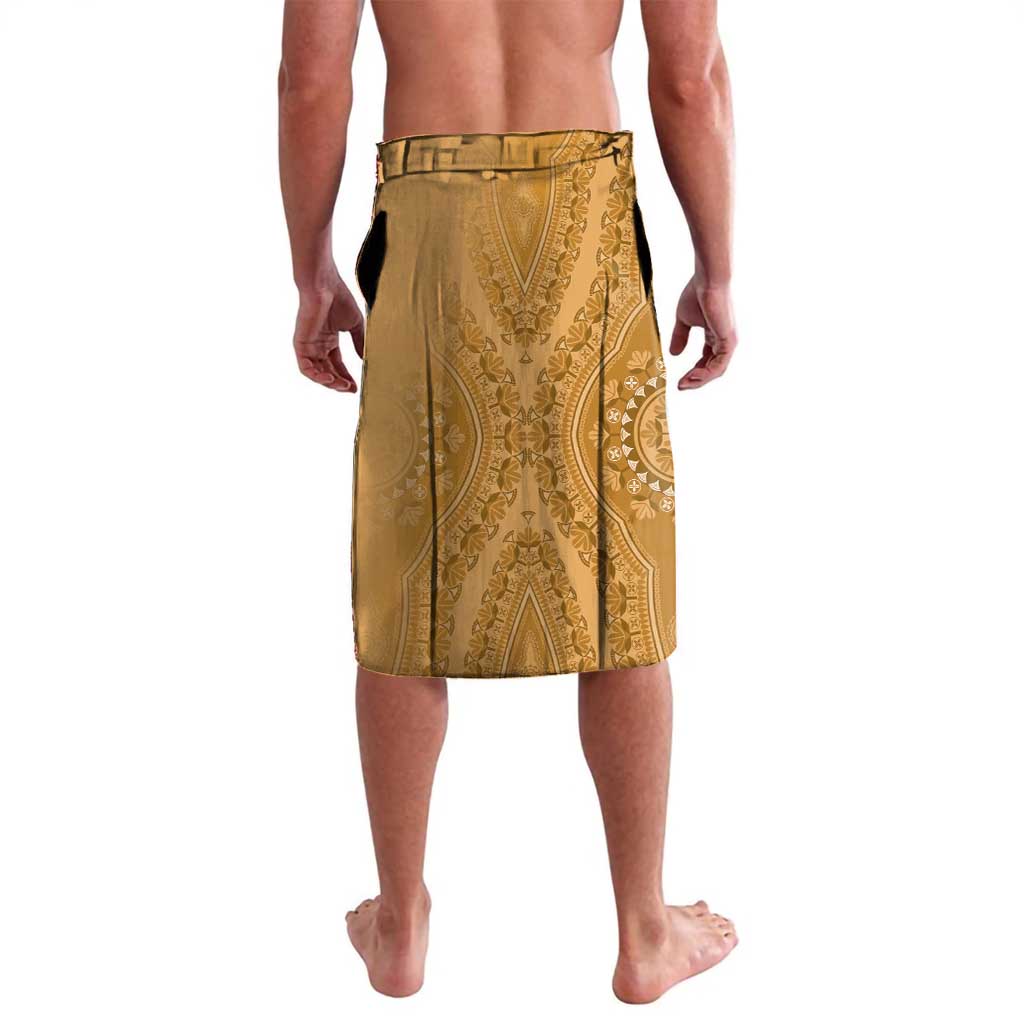 Gold dashiki-motif lavalava sarong with paisley and geometric border trim