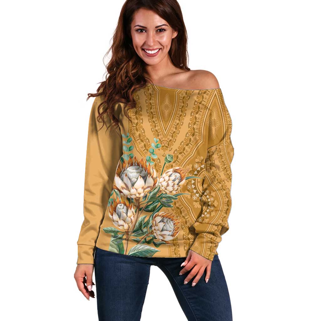 Africa King Proteas Dashiki Motif Off Shoulder Sweater Gold Style - Wonder Print Shop