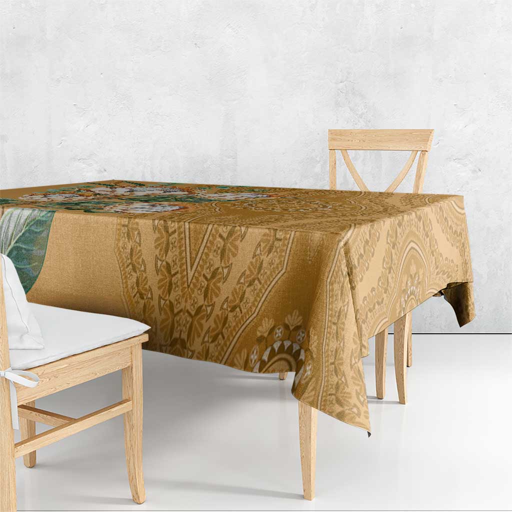 Gold patterned tablecloth with paisley and Protea-style motif