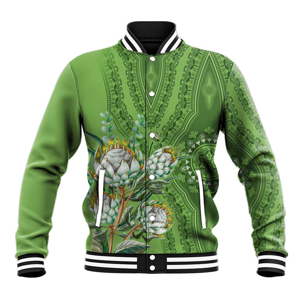 Green dashiki motif baseball jacket with striped ribbed collar and snap button front