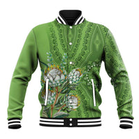 Green dashiki motif baseball jacket with striped ribbed collar and snap button front