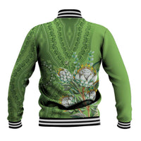 Green dashiki motif baseball jacket, back graphic with floral protea-style blooms