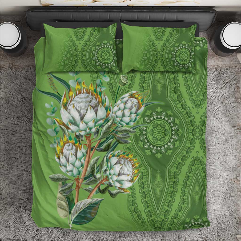 Green bedding set with protea flower bouquet and ornate round mandala pattern