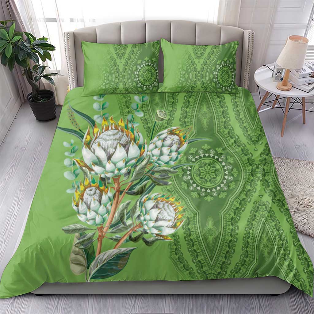 Green duvet cover set featuring protea blossoms and decorative circular motif
