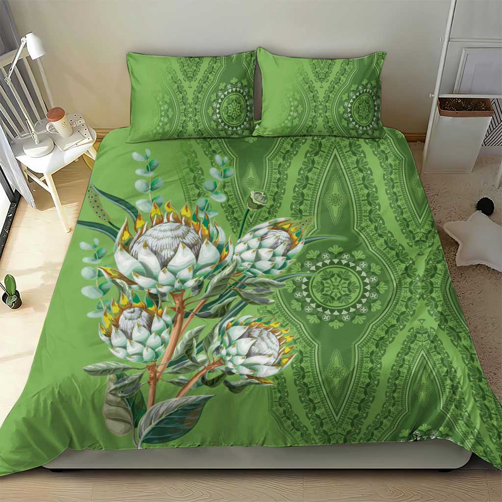 Green duvet cover set with protea branches and detailed mandala medallions