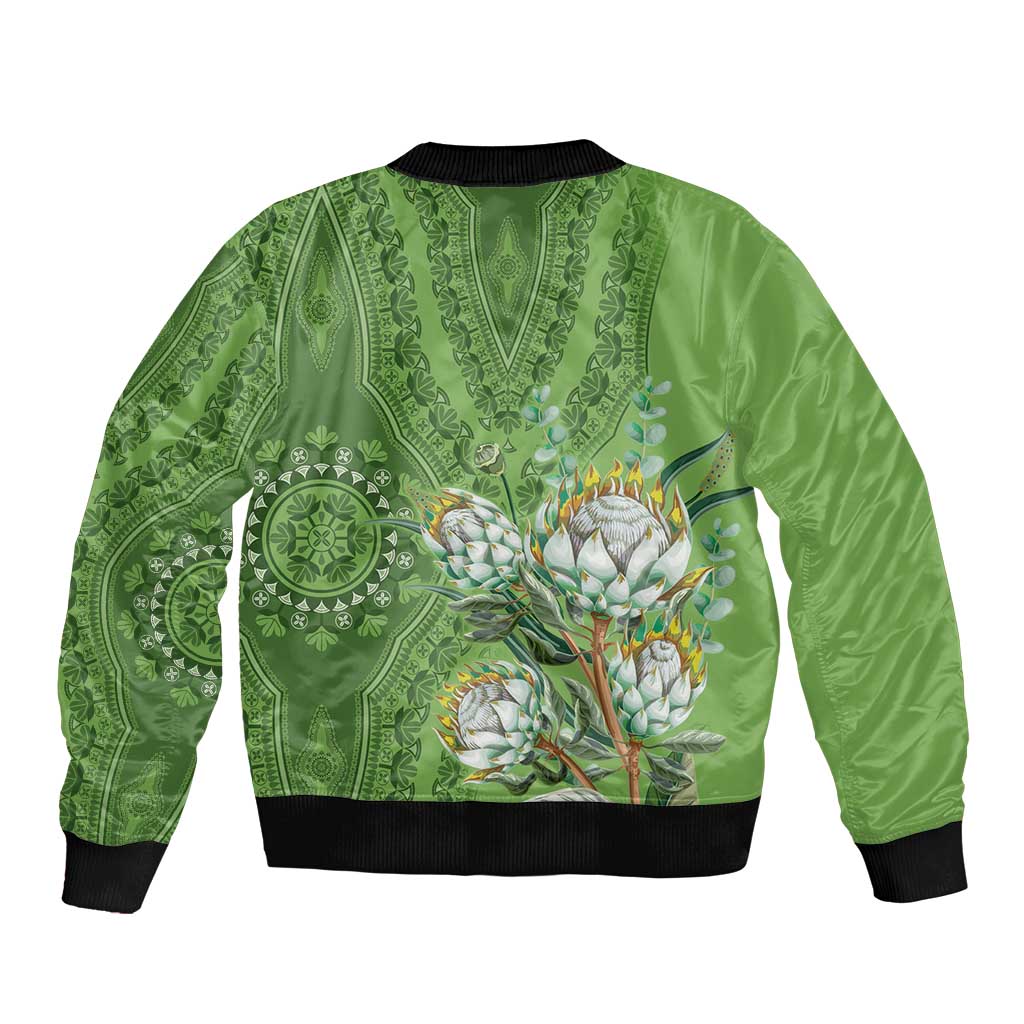 Green bomber jacket with ribbed hem and bold protea motif on back