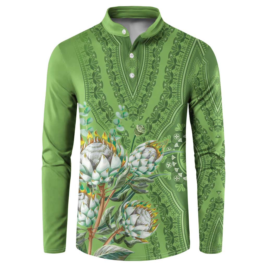 Green dashiki motif button henley sweatshirt with protea floral print, long sleeves