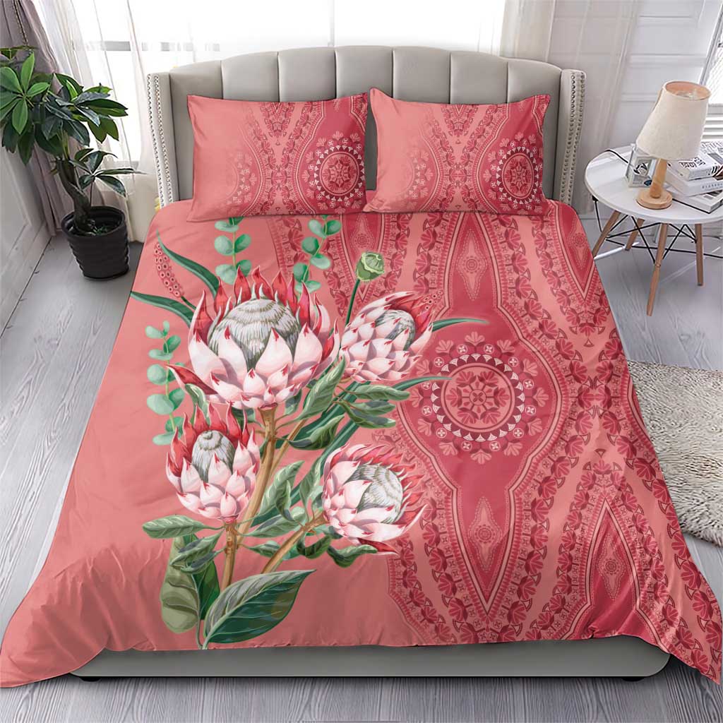 Peach bedding set with large protea bouquet and red ornamental medallion motif, 2 pillowcases