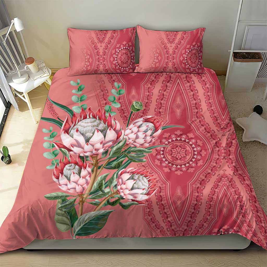 Peach bedding set with protea bouquet and ornate red damask medallion, includes 2 pillows
