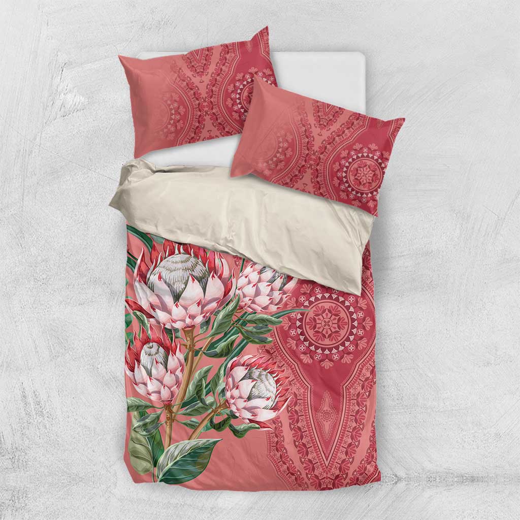 Peach bedding set with protea floral on red paisley background, includes 2 pillowcases