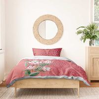 Peach bedding set with protea bouquet and red paisley center motif, includes duvet and 2 pillowcases