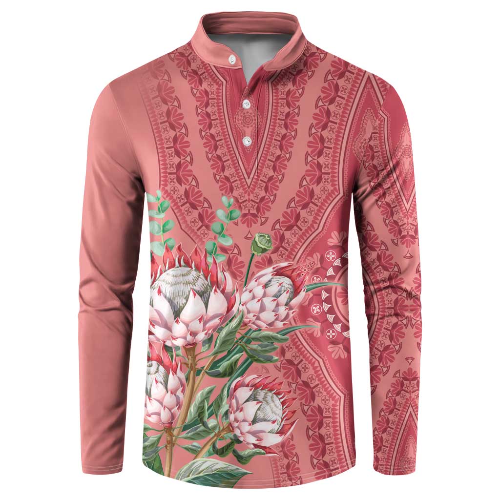 Peach dashiki-motif henley sweatshirt, long sleeve, button placket, protea floral print