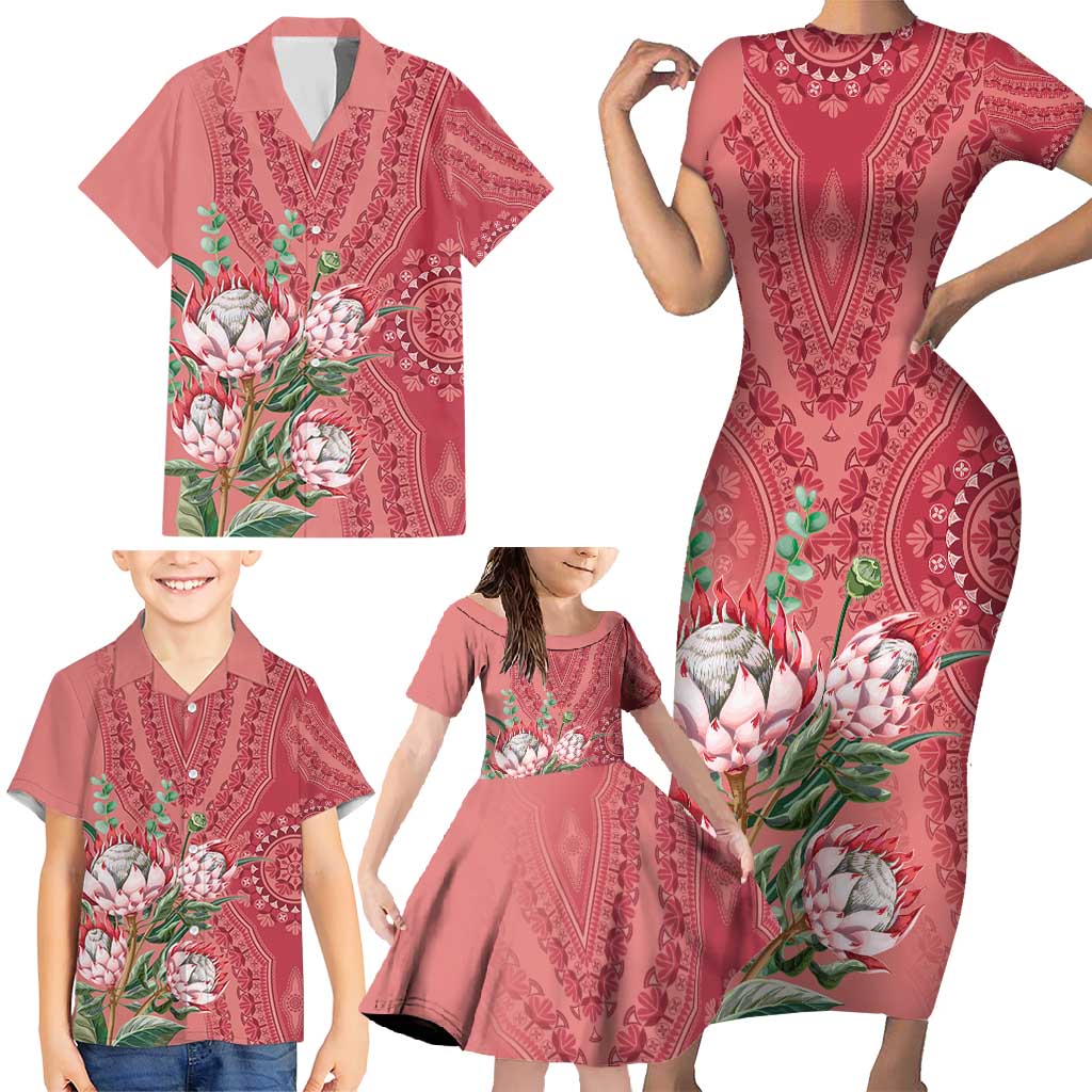 Africa King Proteas Dashiki Motif Family Matching Short Sleeve Bodycon Dress and Hawaiian Shirt Peach Style - Wonder Print Shop