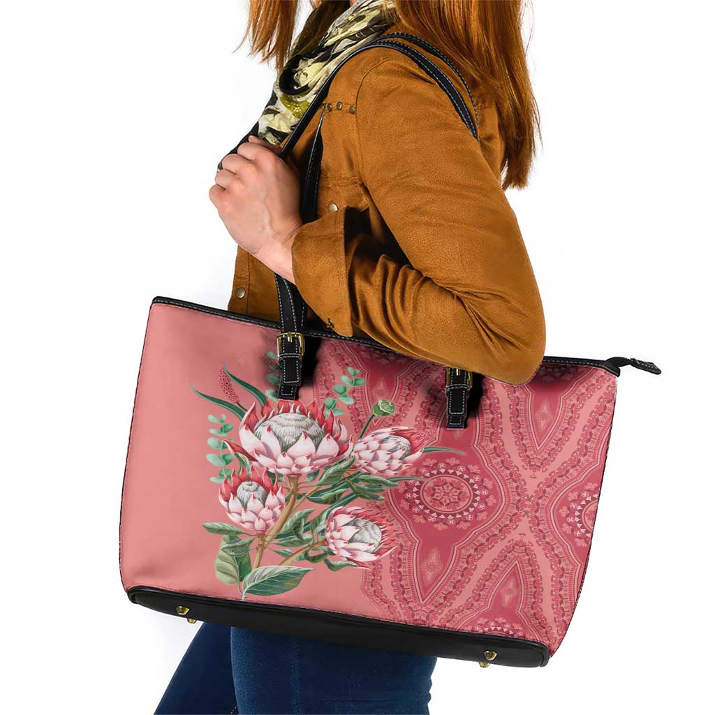 Africa King Proteas Dashiki Motif Leather Tote Bag Peach Style