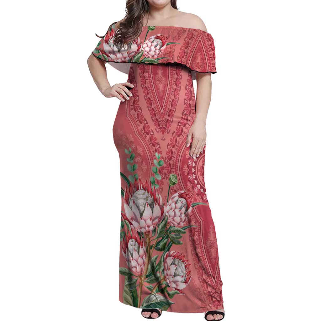 Africa King Proteas Dashiki Motif Off Shoulder Maxi Dress Peach Style - Wonder Print Shop