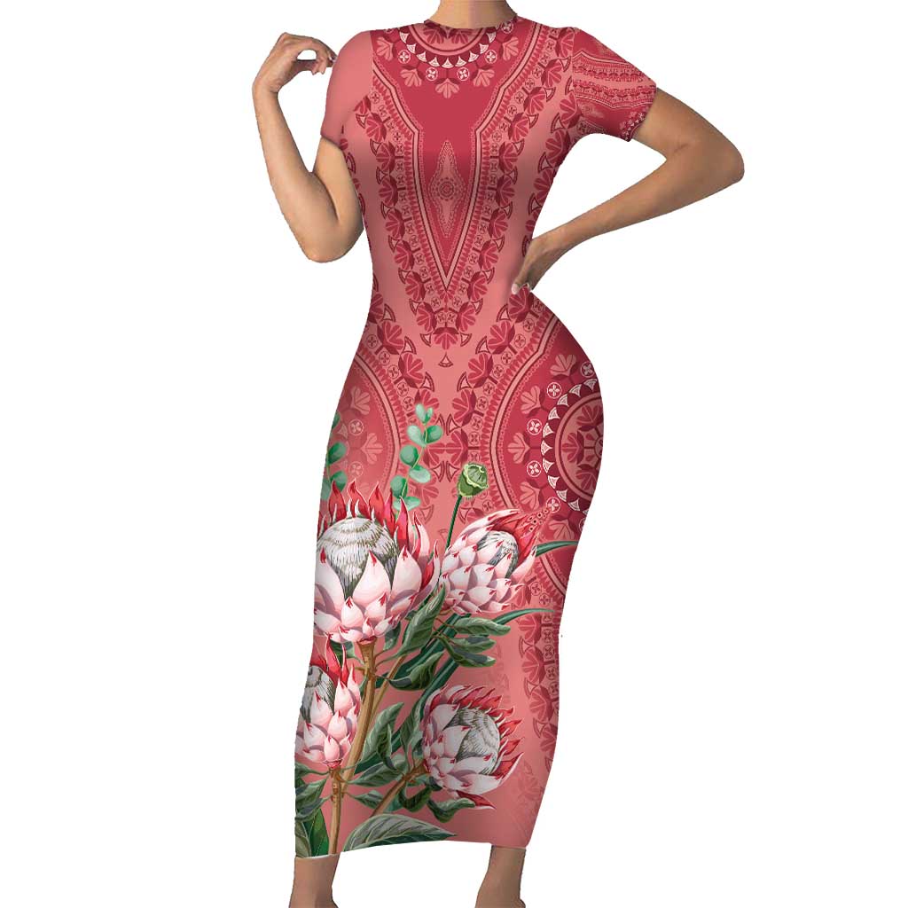 Africa King Proteas Dashiki Motif Short Sleeve Bodycon Dress Peach Style - Wonder Print Shop