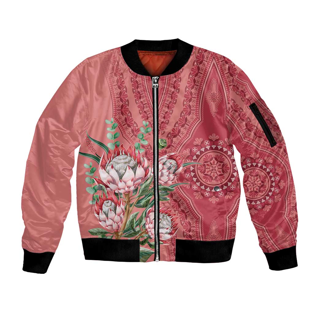 Africa King Proteas Dashiki Motif Sleeve Zip Bomber Jacket Peach Style - Wonder Print Shop