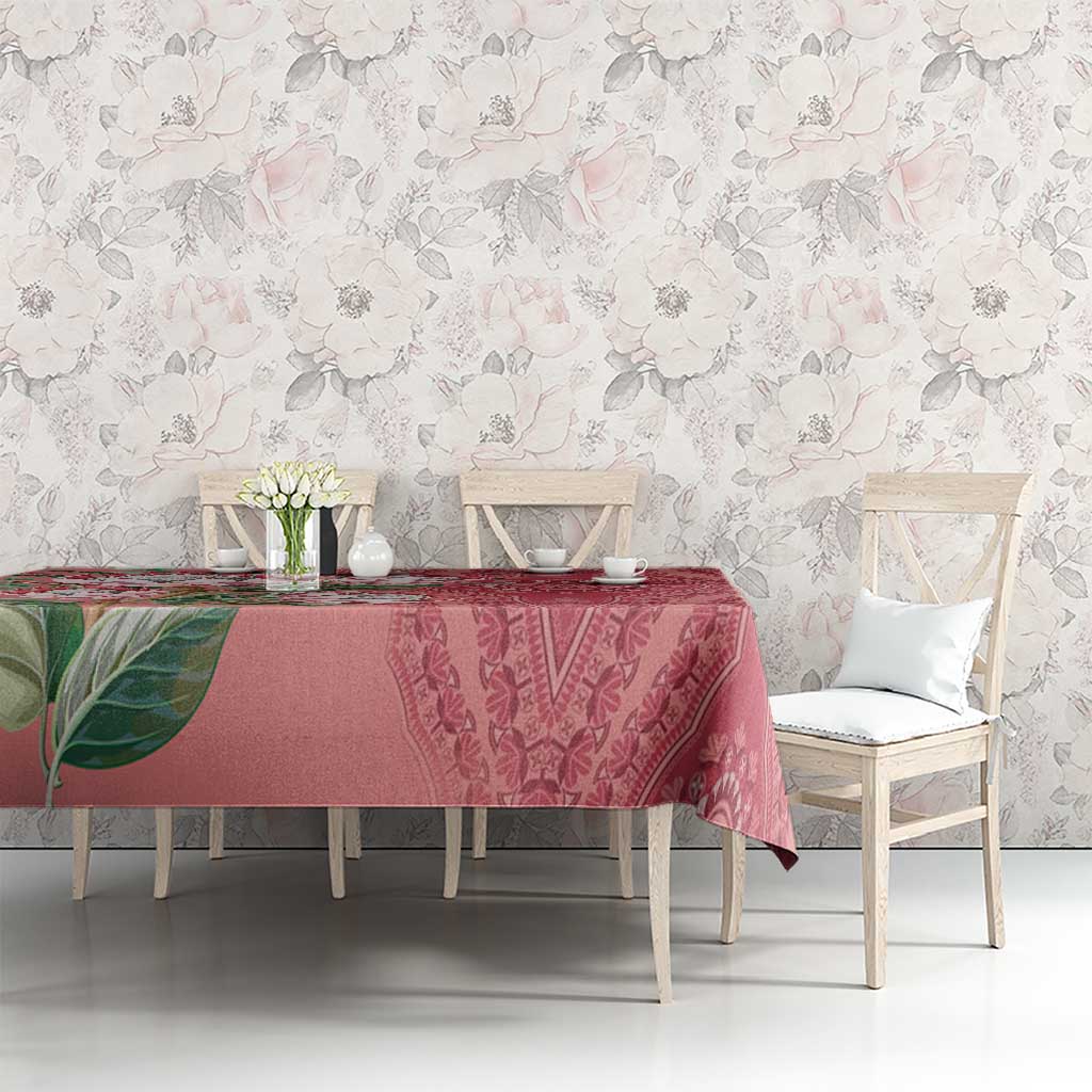 Peach protea dashiki tablecloth with paisley pattern and green leaf accents