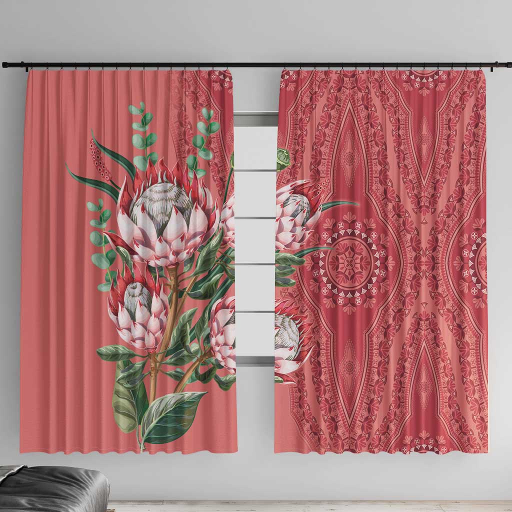 Peach window curtain pair with protea bouquet panel and ornate medallion patterned panel