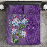 Violet bedding set with protea flowers and purple dashiki medallion pattern, includes 2 pillowcases