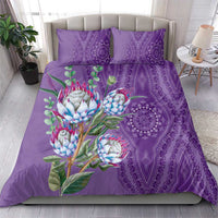 Violet bedding set with large protea floral print and purple dashiki medallion motif, 2 pillowcases