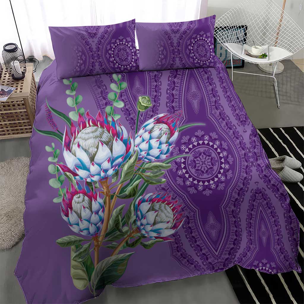 Violet bedding set with protea blossoms and purple dashiki medallion pattern, close-up view