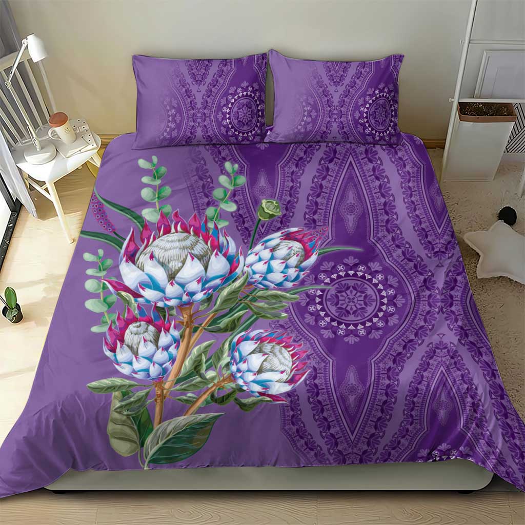 Violet bedding set featuring protea flowers over a purple dashiki medallion pattern, 2 pillowcases