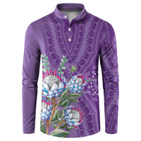 Violet dashiki-motif henley sweatshirt with protea floral front print