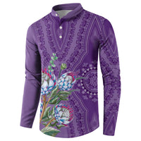 Violet dashiki-motif henley sweatshirt with colorful protea bouquet print