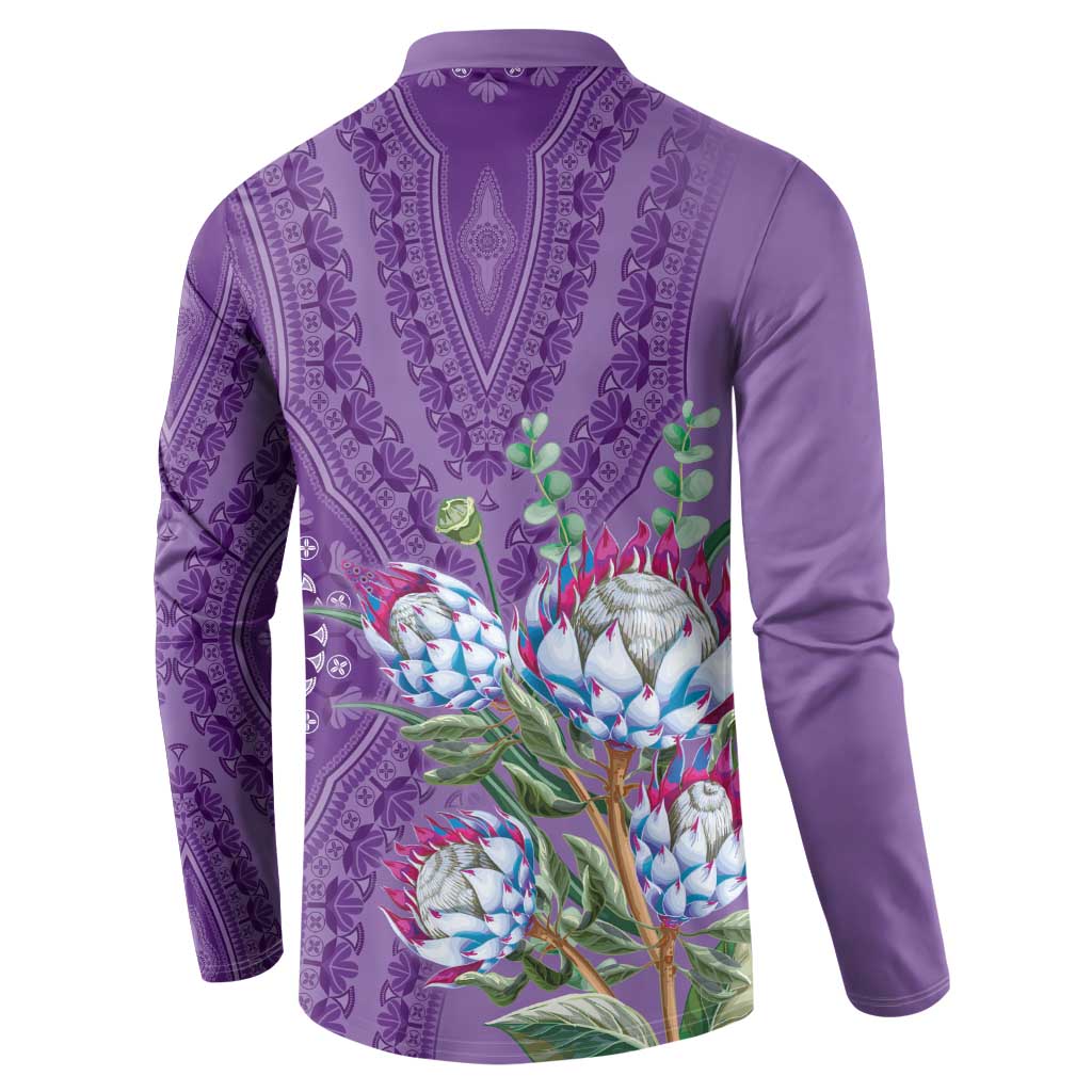 Violet dashiki-motif button henley sweatshirt with protea floral graphic
