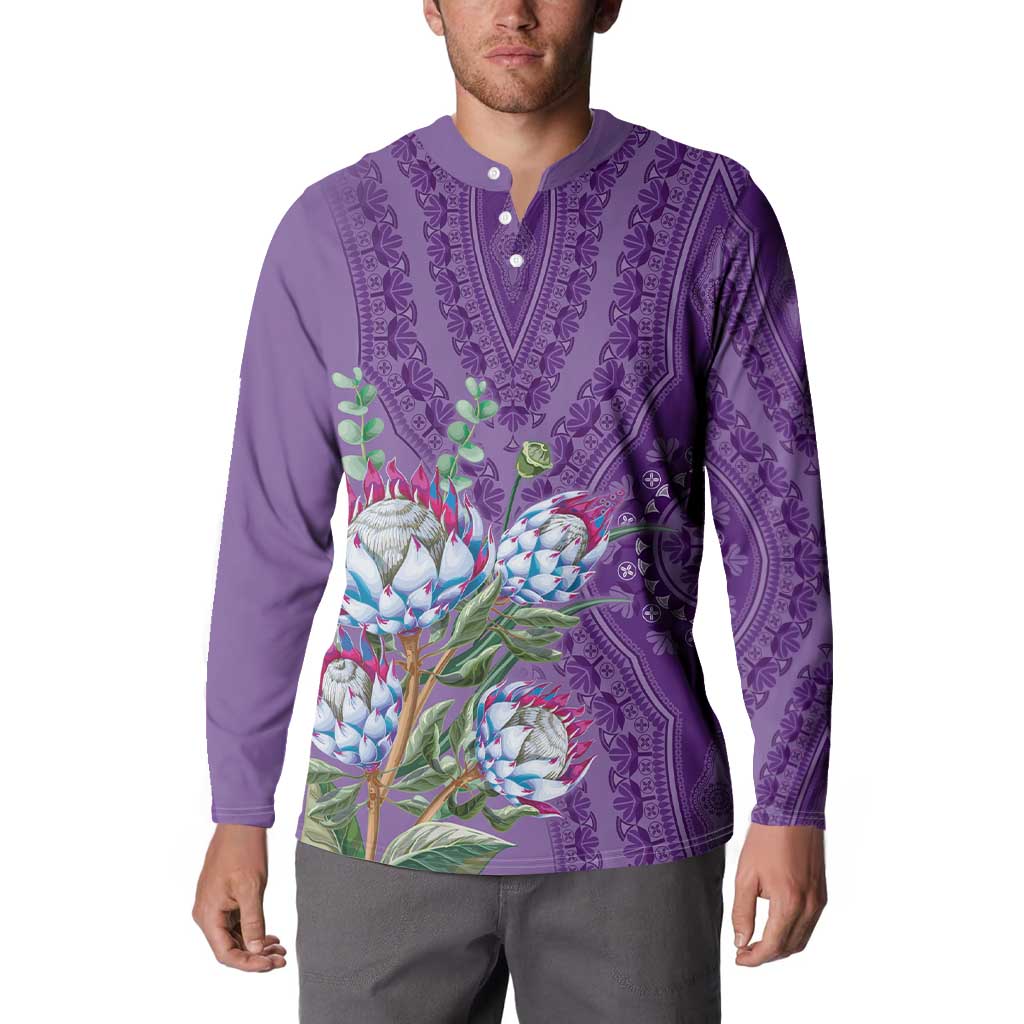 Violet dashiki-motif henley sweatshirt with protea floral panel on chest and sleeves