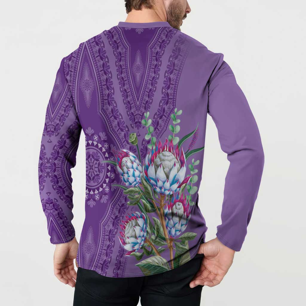 Violet dashiki-motif henley sweatshirt with protea bouquet graphic on back