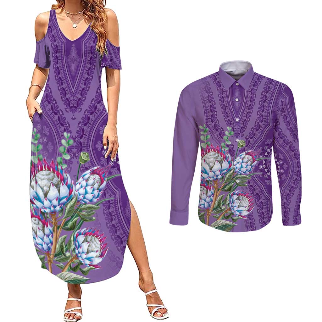 Africa King Proteas Dashiki Motif Couples Matching Summer Maxi Dress and Long Sleeve Button Shirt Violet Style LT9 - Wonder Print Shop