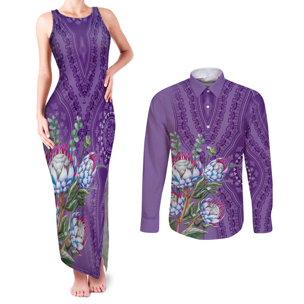 Africa King Proteas Dashiki Motif Couples Matching Tank Maxi Dress and Long Sleeve Button Shirt Violet Style LT9 - Wonder Print Shop