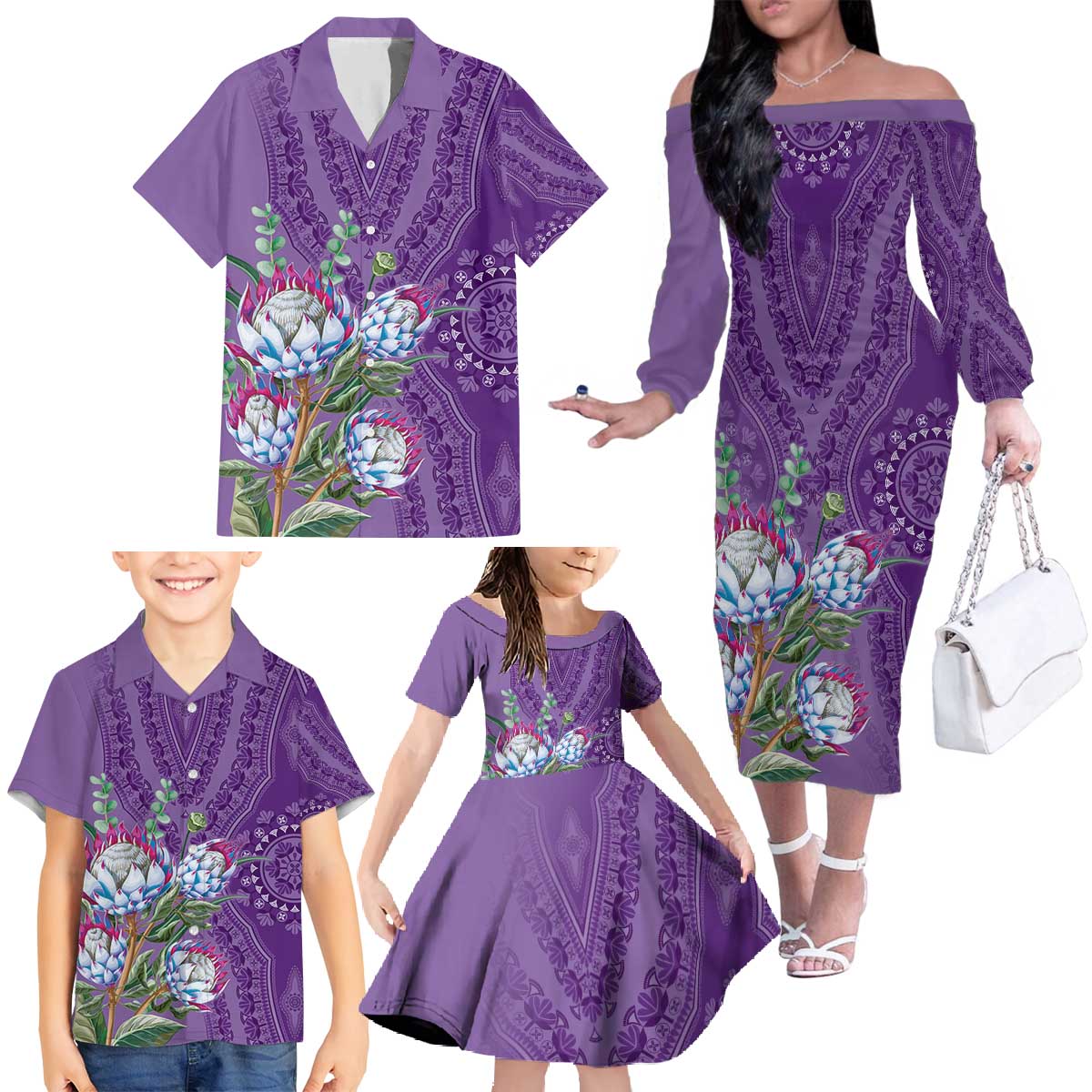 Africa King Proteas Dashiki Motif Family Matching Off The Shoulder Long Sleeve Dress and Hawaiian Shirt Violet Style - Wonder Print Shop