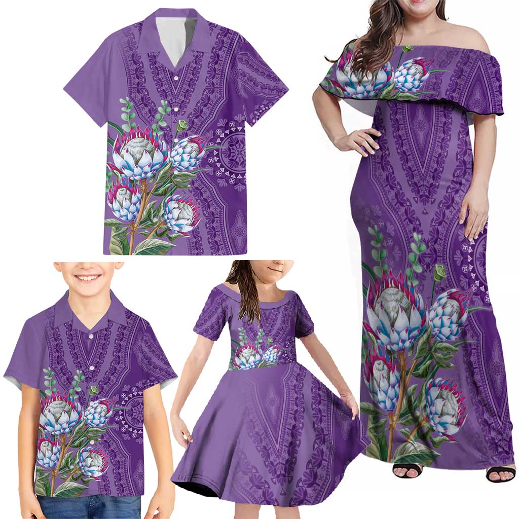 Africa King Proteas Dashiki Motif Family Matching Off Shoulder Maxi Dress and Hawaiian Shirt Violet Style LT9 - Wonder Print Shop