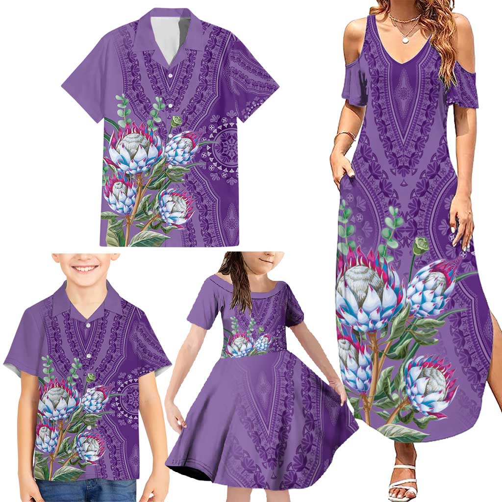 Africa King Proteas Dashiki Motif Family Matching Summer Maxi Dress and Hawaiian Shirt Violet Style - Wonder Print Shop