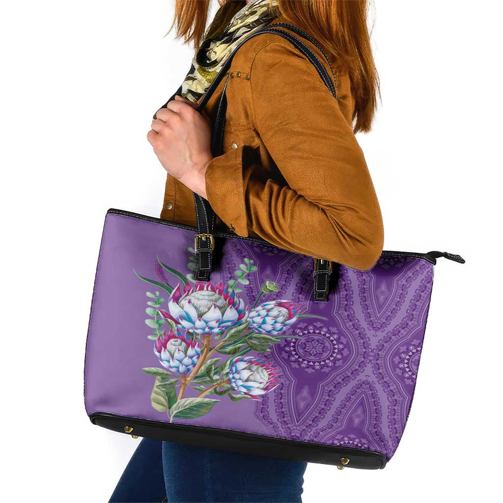 Africa King Proteas Dashiki Motif Leather Tote Bag Violet Style