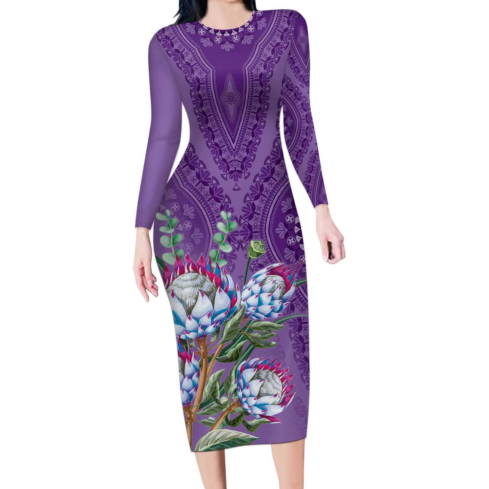 Africa King Proteas Dashiki Motif Long Sleeve Bodycon Dress Violet Style - Wonder Print Shop