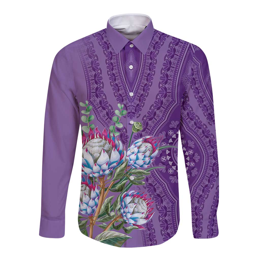 Africa King Proteas Dashiki Motif Long Sleeve Button Shirt Violet Style - Wonder Print Shop