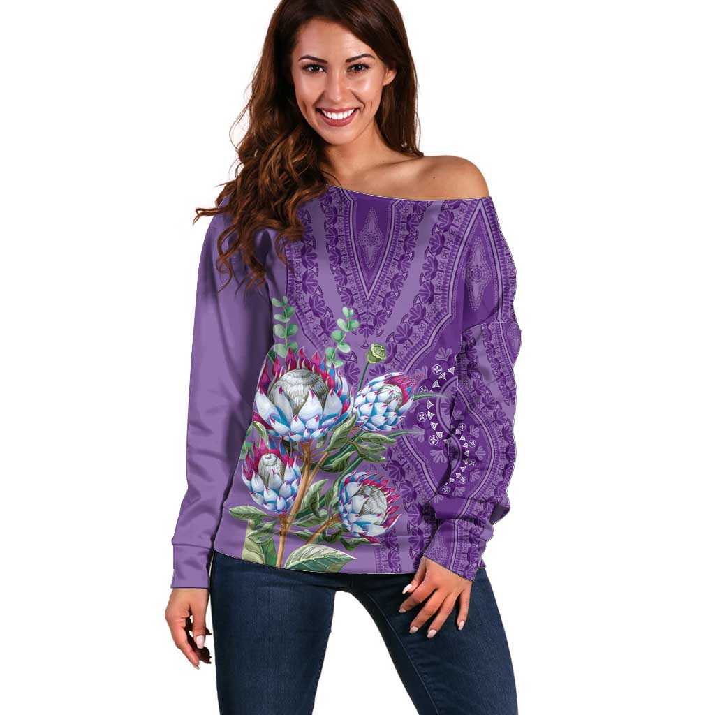 Africa King Proteas Dashiki Motif Off Shoulder Sweater Violet Style - Wonder Print Shop