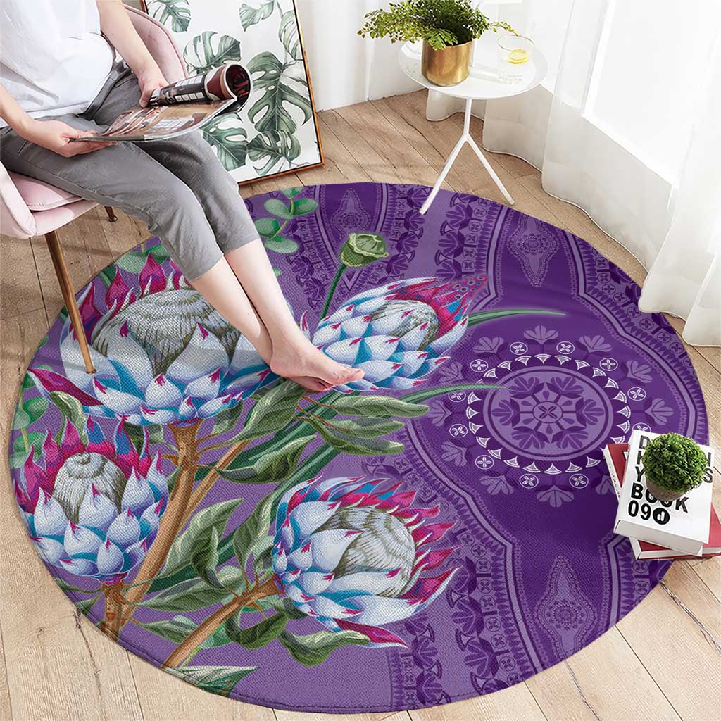 Violet round rug with blue protea flowers and purple mandala dashiki pattern