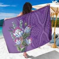 Violet sarong with ornate paisley and protea floral print, draped wrap fabric