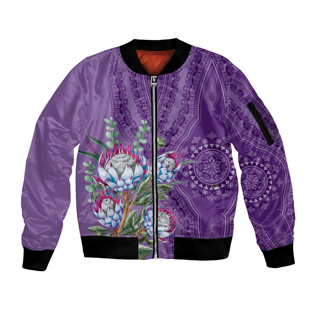 Africa King Proteas Dashiki Motif Sleeve Zip Bomber Jacket Violet Style - Wonder Print Shop